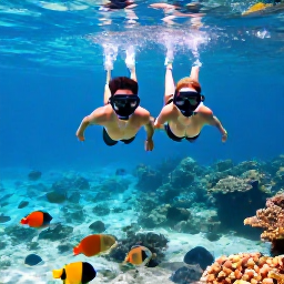 Caribbean Holidays, Aruba Couples Holidays, Couple snorkelling in clear Caribbean water near Aruba, colourful fish and coral visible below