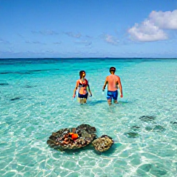 Caribbean Holidays, Aruba Couples Holidays, Couple snorkelling in clear shallow water off Aruba, colourful reef fish and sunny Caribbean conditions