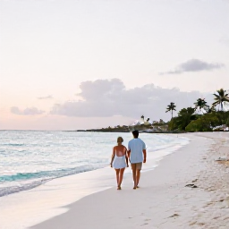 Caribbean Holidays, Aruba Couples Holidays, Couple walking barefoot along a quiet white-sand beach in Aruba at sunset, calm turquoise sea and palm trees