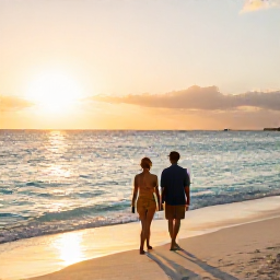 Caribbean Holidays, Aruba Couples Holidays, Couple walking barefoot along Eagle Beach at sunset in Aruba, warm golden light and calm turquoise sea