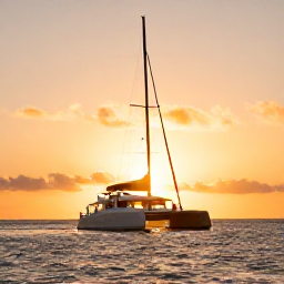 Caribbean Holidays, Aruba Couples Holidays, Romantic couple enjoying a sunset catamaran cruise off the coast of Aruba, glowing sky, calm sea and gentle evening light
