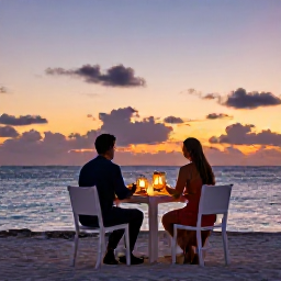 Caribbean Holidays, Aruba Couples Holidays, Romantic outdoor dinner for two beside the Caribbean Sea in Aruba, small table, lanterns and sunset colours