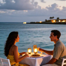 Caribbean Holidays, Aruba Couples Holidays, Romantic outdoor dinner for two beside the sea in Aruba, lanterns, local food and evening atmosphere