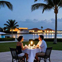 Caribbean Holidays, Aruba Couples Holidays, Romantic outdoor dinner for two in Aruba with tropical surroundings and evening lights