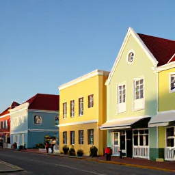 Caribbean Holidays, Aruba Culture Holidays, Colourful street scene in Oranjestad, Aruba, showing Dutch colonial buildings, pastel facades and local people enjoying the afternoon