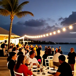 Caribbean Holidays, Aruba December Holidays, A lively Aruban evening with outdoor dining, warm lights, palm trees and visitors enjoying a festive December atmosphere near the coast