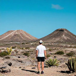 Caribbean Holidays, Aruba December Holidays, A traveller exploring Arikok National Park in Aruba, with rugged desert landscape, cacti, rocky hills and bright blue sky