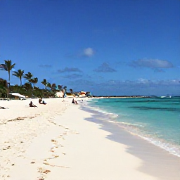 Caribbean Holidays, Aruba December Holidays, A wide, sunlit view of Eagle Beach in Aruba in December, with white sand, turquoise water, palm trees and a few relaxed visitors