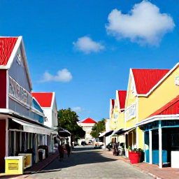 Caribbean Holidays, Aruba December Holidays, Colourful Oranjestad street in Aruba with Dutch Caribbean buildings, small shops, caf&eacute;s and visitors exploring in December sunshine