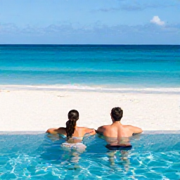 Caribbean Holidays, Aruba December Holidays, Couple relaxing beside an infinity pool at a luxury Aruba resort, white sand beach and brilliant blue Caribbean water