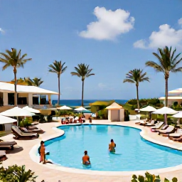 Caribbean Holidays, Aruba December Holidays, Elegant Aruba all-inclusive resort in December with swimming pool, palm trees, outdoor dining and guests enjoying sunshine