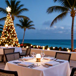 Caribbean Holidays, Aruba December Holidays, Elegant Christmas dinner on a luxury Aruba resort terrace, twinkling lights, palm trees and ocean view at dusk