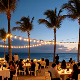 Caribbean Holidays, Aruba December Holidays, Festive December evening at an Aruba beachfront resort with palm trees, warm lights, outdoor dining and relaxed guests