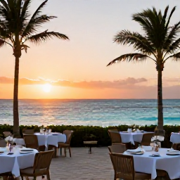 Caribbean Holidays, Aruba December Holidays, Luxury beachfront resort in Aruba at sunset, palm trees, calm turquoise sea and elegant outdoor dining