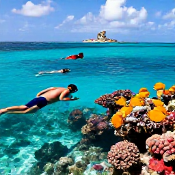 Caribbean Holidays, Aruba December Holidays, Visitors snorkelling in clear Aruba water above a colourful reef, tropical fish and sunny coastline in the background