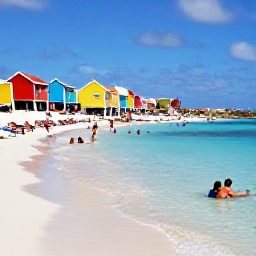 Caribbean Holidays, Aruba December Holidays, Visitors swimming and relaxing on a calm Caribbean beach in Aruba, with colourful beach huts, clear shallow water and soft white sand