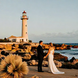 Caribbean Holidays, Aruba December Weddings, A couple exploring Aruba&rsquo;s rugged coastline near the California Lighthouse, with golden light, desert plants and the blue sea in the distance