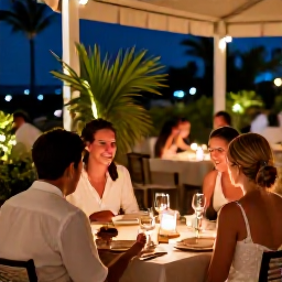 Caribbean Holidays, Aruba December Weddings, A happy wedding couple and their guests dining outdoors at an Aruba restaurant, with tropical plants, candlelight and a relaxed evening setting