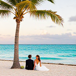 Caribbean Holidays, Aruba December Weddings, A newlywed couple relaxing beside a turquoise Aruba beach after their December wedding, with palm trees, soft sunlight and a peaceful island atmosphere