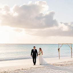 Caribbean Holidays, Aruba December Weddings, A newlywed couple walking along a bright white Aruban beach at sunset, with calm turquoise water and a simple wedding arch nearby