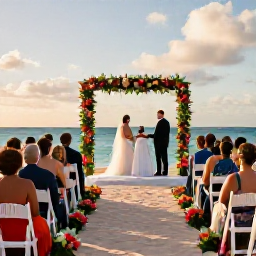 Caribbean Holidays, Aruba December Weddings, An elegant beach wedding ceremony in Aruba during the late afternoon, with white chairs, tropical flowers and guests dressed for warm weather