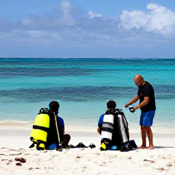 Caribbean Holidays, Aruba Diving April, Friendly Aruba dive instructors preparing scuba equipment beside a sunny beach and turquoise sea