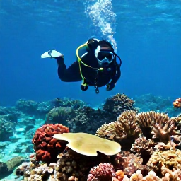 Caribbean Holidays, Aruba Diving April, Scuba diver exploring a colourful coral reef in clear turquoise water off Aruba in bright April sunshine