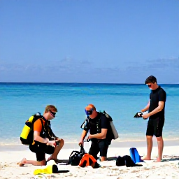 Caribbean Holidays, Aruba Diving February, Friendly dive guides preparing scuba equipment on an Aruba beach beneath a clear blue sky
