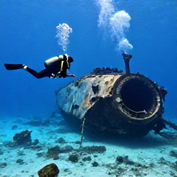 Caribbean Holidays, Aruba Diving February, Scuba divers swimming past the intact Antilla shipwreck in clear blue water off Aruba
