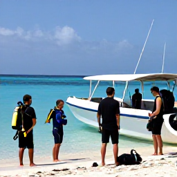 Caribbean Holidays, Aruba Diving January, Friendly scuba diving instructors preparing visitors beside a boat on an Aruba beach, with dive equipment and calm turquoise sea