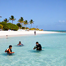 Caribbean Holidays, Aruba Diving January, Relaxed travellers leaving the water after a morning scuba dive on an Aruba beach, palm trees, bright sunshine and calm Caribbean scenery