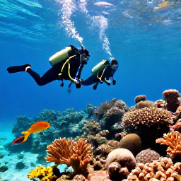 Caribbean Holidays, Aruba Diving January, Scuba divers exploring a colourful coral reef in clear turquoise water off Aruba, bright tropical fish and warm sunlight