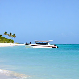 Caribbean Holidays, Aruba Diving March, A friendly scuba diving boat leaving an Aruban beach with palm trees and blue sea in the background