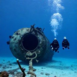 Caribbean Holidays, Aruba Diving March, Divers swimming beside a sunken shipwreck on the sandy seabed near Aruba