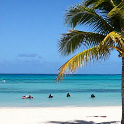 Caribbean Holidays, Aruba Diving May, Relaxed beach scene in Aruba with palm trees, calm turquoise sea and divers returning from a boat trip