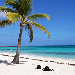 Caribbean Holidays, Aruba Diving November, Relaxed beach scene in Aruba after diving, with palm trees, white sand, turquoise sea and snorkelling gear nearby