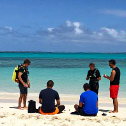 Caribbean Holidays, Aruba Diving October, Friendly scuba diving instructors preparing equipment with visitors on an Aruba beach before a reef dive
