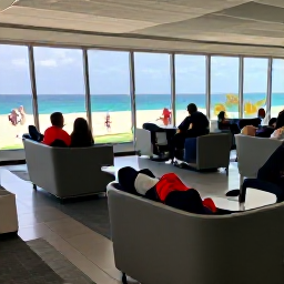 Caribbean Holidays, Aruba February Business Class, Business class passengers relaxing in a comfortable airport lounge before flying to Aruba