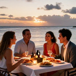 Caribbean Holidays, Aruba February Business Class, Elegant beachfront dinner in Aruba at sunset with fresh seafood and a relaxed Caribbean setting