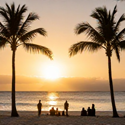Caribbean Holidays, Aruba February Holidays, Aruba beach at sunset with warm golden light, palm silhouettes and travellers enjoying a peaceful February evening