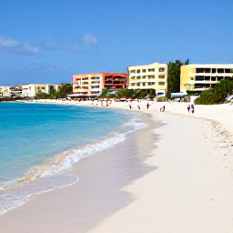 Caribbean Holidays, Aruba February Holidays, Aruba coastline near Eagle Beach with soft white sand, turquoise water, low-rise hotels and visitors enjoying a sunny February day