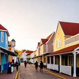 Caribbean Holidays, Aruba February Holidays, Aruba visitors exploring colourful Oranjestad streets, Dutch colonial buildings, outdoor caf&eacute;s and local shops in warm sunshine