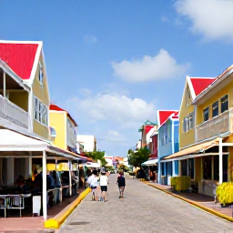 Caribbean Holidays, Aruba February Holidays, Colourful Oranjestad street in Aruba with Dutch colonial buildings, local shops, caf&eacute;s and visitors exploring in bright sunshine