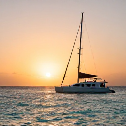 Caribbean Holidays, Aruba February Holidays, Couple enjoying a sunset catamaran cruise off Aruba, with calm turquoise sea and orange evening sky