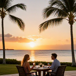 Caribbean Holidays, Aruba February Holidays, Couple enjoying an outdoor dinner at an Aruba resort at sunset, with warm evening light, palm trees and the Caribbean Sea