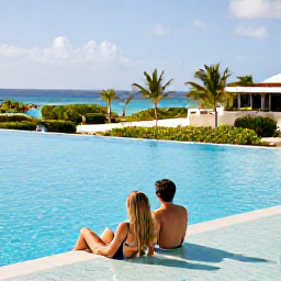 Caribbean Holidays, Aruba February Holidays, Couple relaxing beside an infinity pool at an Aruba all-inclusive resort, with ocean views, tropical gardens and February sunshine