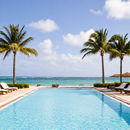 Caribbean Holidays, Aruba February Holidays, Elegant Aruba resort pool overlooking Palm Beach, with sun loungers, palm trees and calm Caribbean water