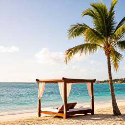 Caribbean Holidays, Aruba February Holidays, Luxury Aruba beach holiday scene with private cabana, turquoise water, warm sunshine and palm trees