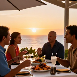 Caribbean Holidays, Aruba February Holidays, Outdoor Caribbean restaurant in Aruba at sunset, table with fresh seafood and drinks, warm golden light and relaxed diners