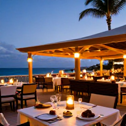 Caribbean Holidays, Aruba February Holidays, Outdoor dining at a sophisticated Aruba restaurant at dusk, with Caribbean dishes, candlelight and palm trees